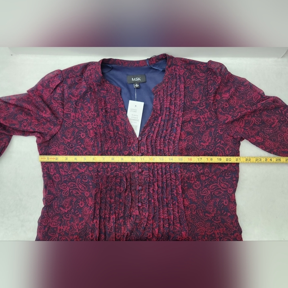 MSK Long Sleeve Paisley Dress - Red and Blue Pleated Neckline Size 16 NWT - Picture 9 of 11